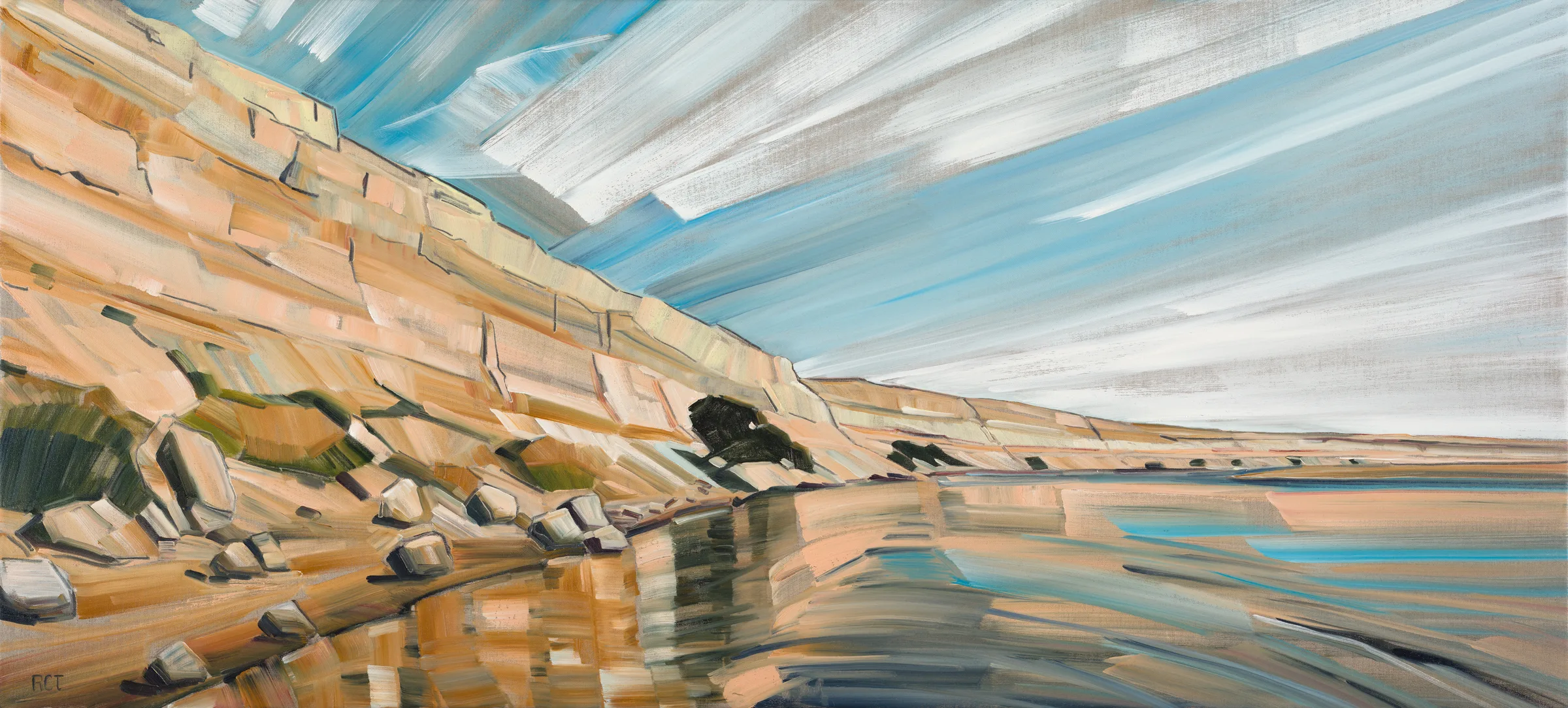 The Reach — landscape painting, 28 by 62 inches, 2020