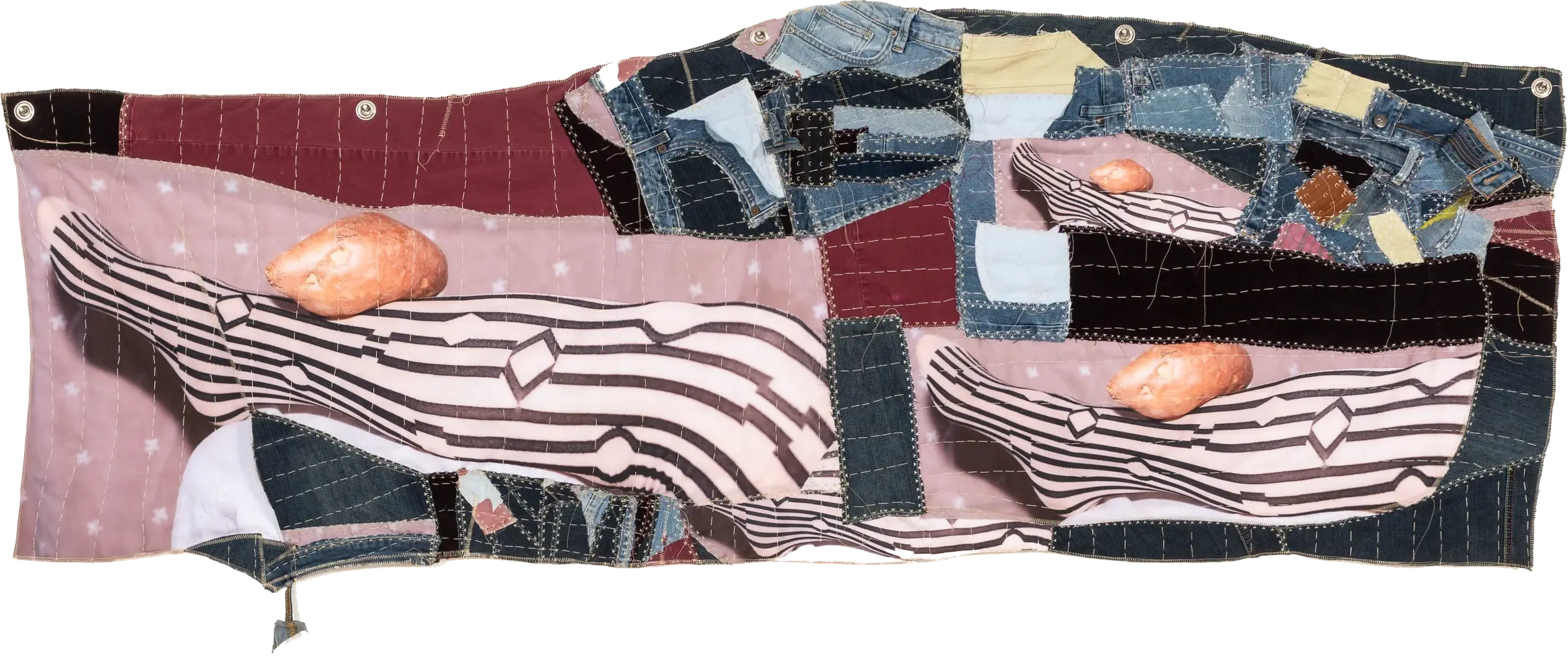 Camo — shaped photo-quilt of dye-sublimation print, thrifted denim, and embroidery floss