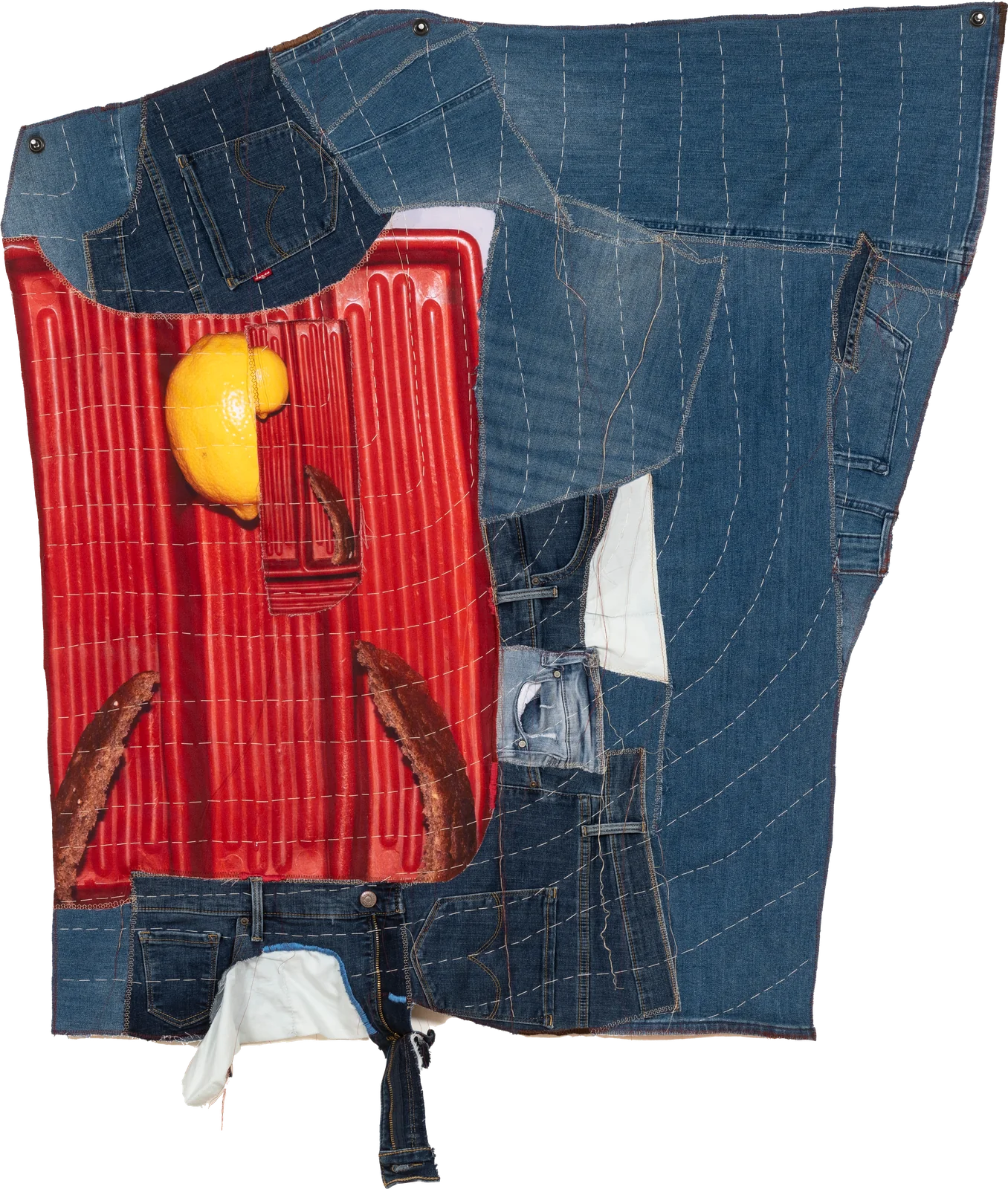 Cubism, a shaped photo-quilt of dye-sublimation print and thrifted denim by Barbara Weissberger
